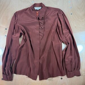 Vintage The Birds 100% Silk Ruffled Button-Front Blouse in Rust